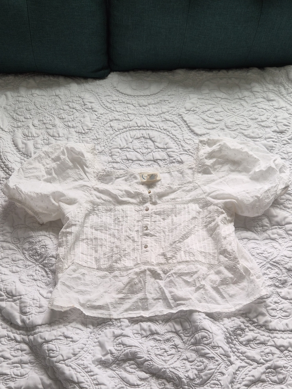 White Puff Sleeve Eyelet Blouse with Pintuck Front